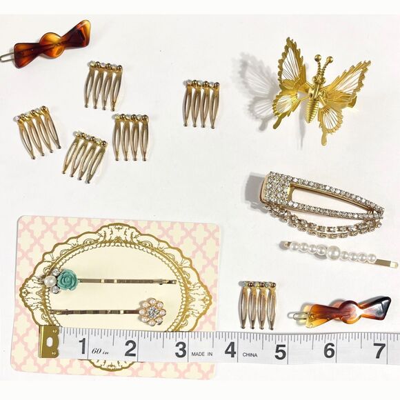 Vtg Retro Gold Tone Hair Barrettes Pins Combs Clip Rhinestone Butterfly Flower - Picture 2 of 14